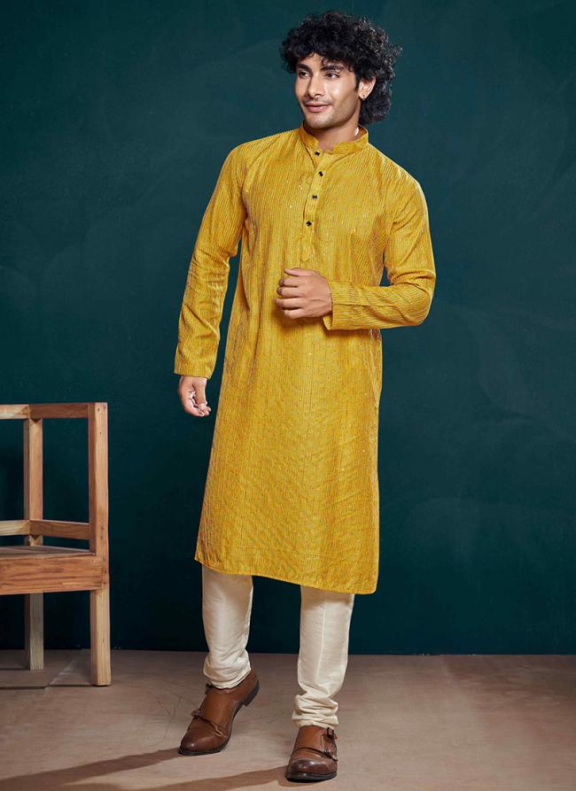 Viscose Yellow Eid Wear Embroidery Work Readymade Kurta Pajama